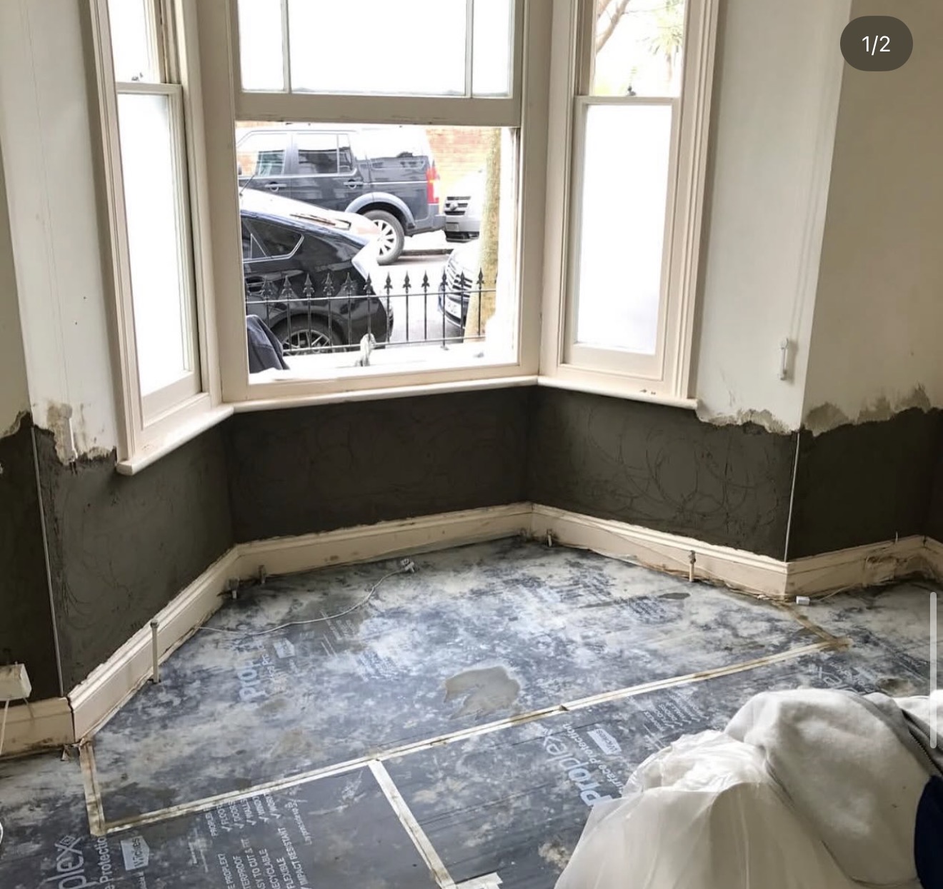 Bay window lower wall treatment in progress